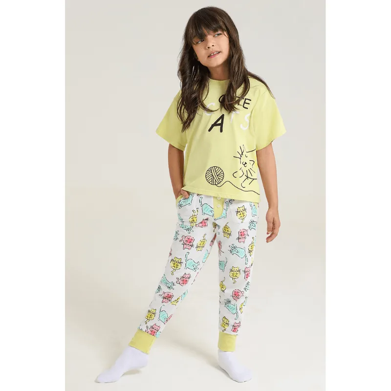 Pijama Longo Cute Cats Infantil Feminino Lupo Tamanho: 08 anos | Cor: Amarelo Limão