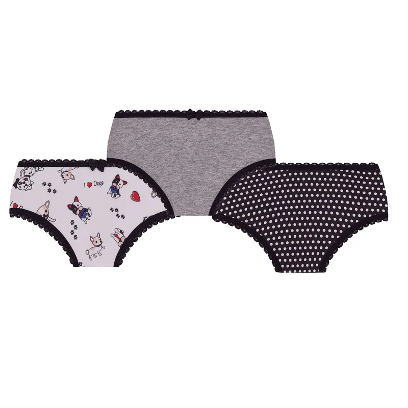 Calcinha Lobinha Infantil Estampada 18100-089 Kit C/3 Cinza, Preto G