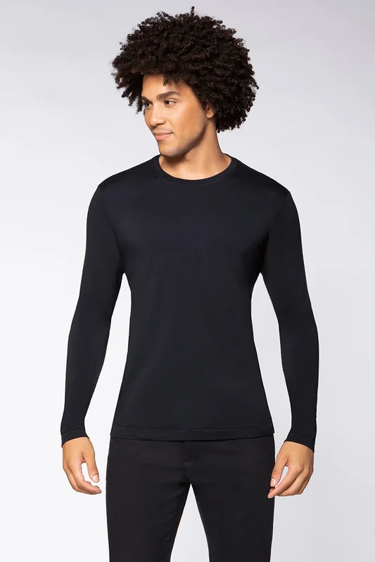 T-shirt Micromodal Manga Longa Gola Careca Unissex Sem Costura Preta - 9990 / P