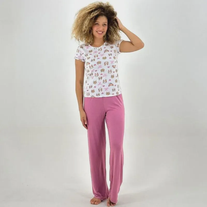 Pijama Lupo Manga Curta com Calça Feminino