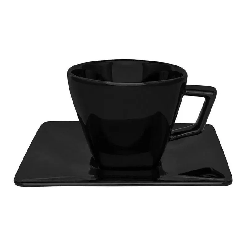 Xícara Chá 200ml Cerâmica Quartier Black Quadrada Com Pires