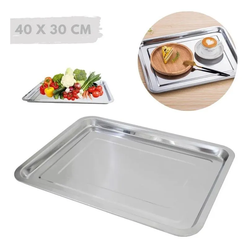 3x Bandeja Aço Inox Retangular Rasa 30 X 40 - Ke Home