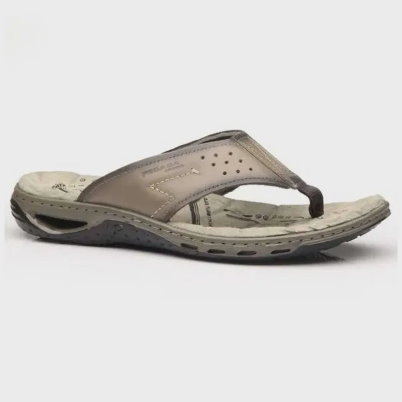Chinelo Masculino Soft Amortech Couro Marrom Cinza Pegada 131663-01
