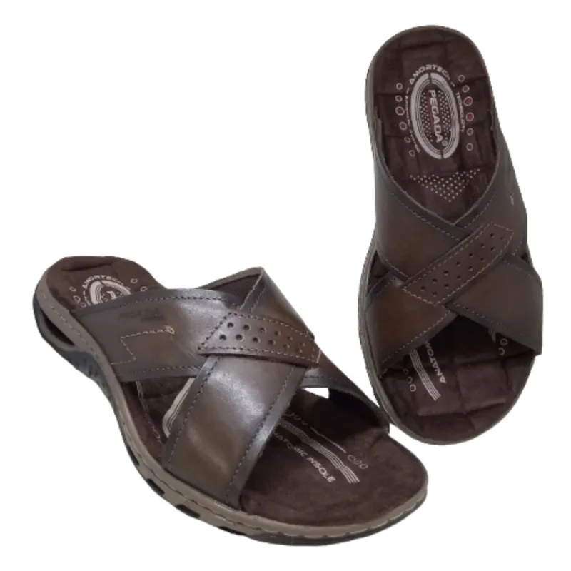Chinelo Masculino Pegada Couro Legitimo com Amortecedor Anti Stress Papete ortopédica Sandalia Anatômica Esporão Confortável