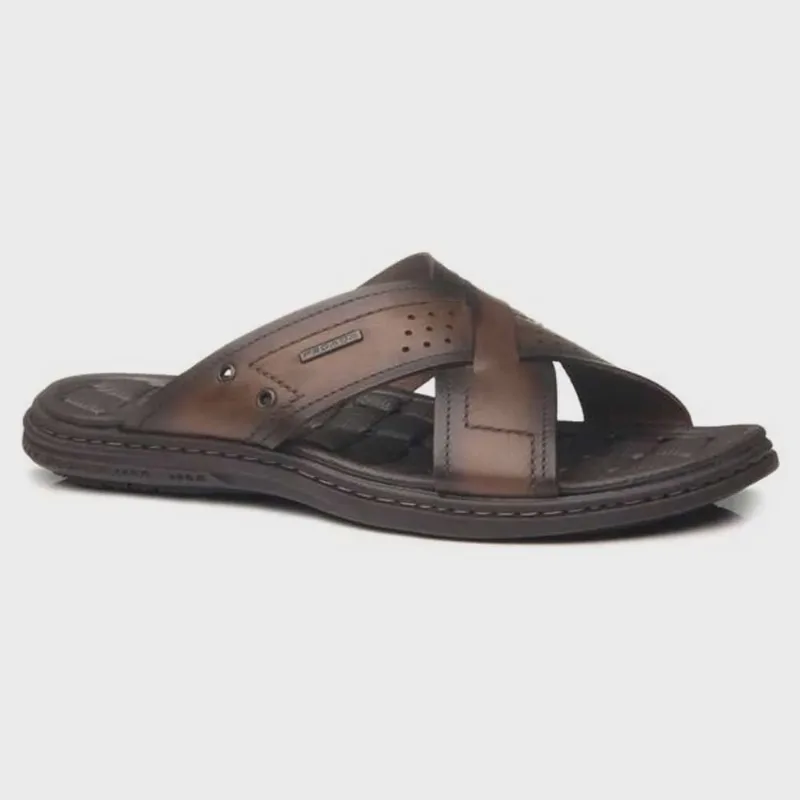 Chinelo Masculino Couro Tiras Cruzadas Pinhão Pegada 131222-01