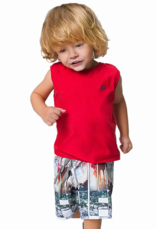 Conjunto Infantil Regata Vermelha Flamê e Bermuda Nylon Estampada
