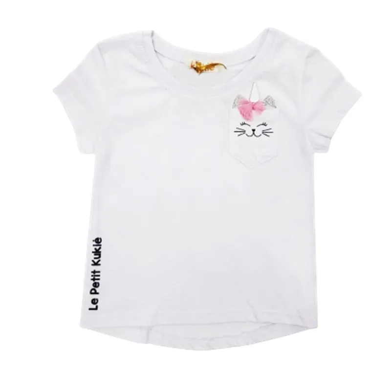 Blusa Manga Curta Gatinha No Bolso Branca Kukie
