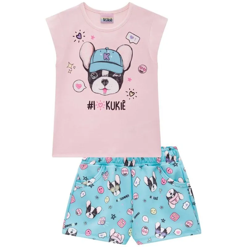 Conjunto Kukiê Bulldog Francês Blusa Rosa Short Azul