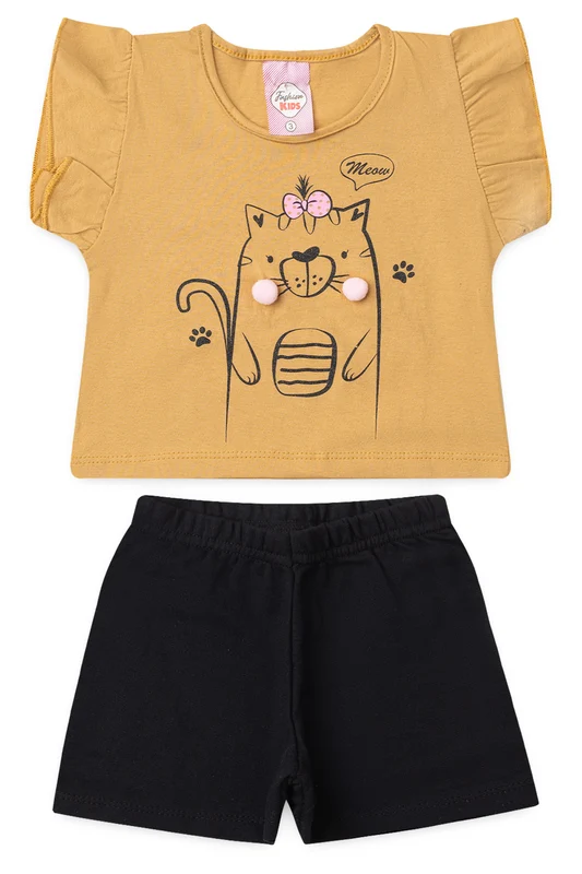 Conjunto de Verão para Menina Gatinha Fofinha Caqui 1