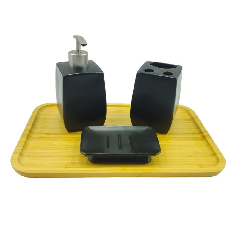 Kit Banheiro Lavabo Porcelana 3 Peças Kypto + Bandeja Bambu