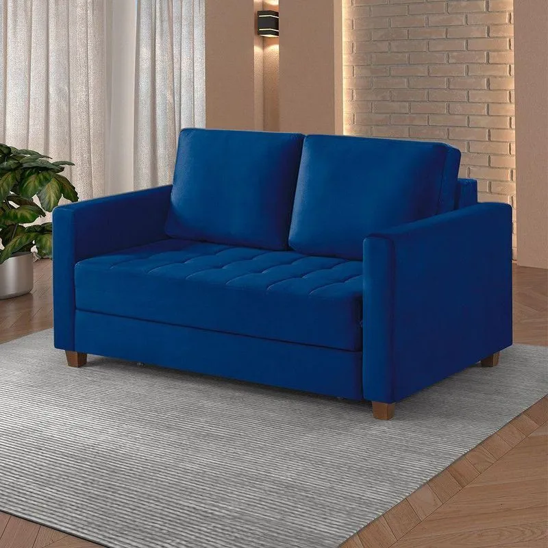 Sofá Cama 2 Lugares 150 Casal Veludo Paris Azul C/ Castanho