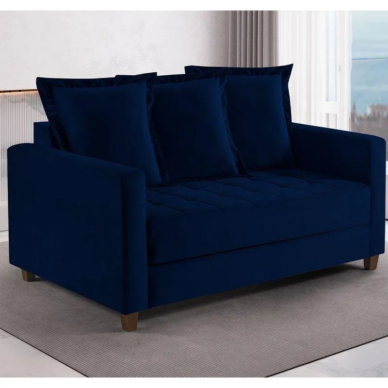 Sofa Cama Rocca Colchao Casal Pés De Madeira Talento Móveis Azul Com Castanho