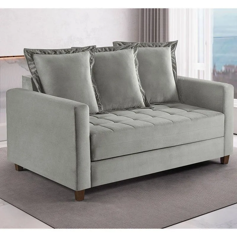 Sofa Cama Rocca Colchao Casal Pés De Madeira Talento Móveis Bege Claro Com Castanho