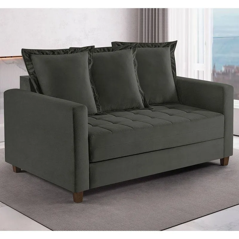 Sofa Cama Rocca Colchao Casal Pés De Madeira Talento Móveis Prata Com Castanho