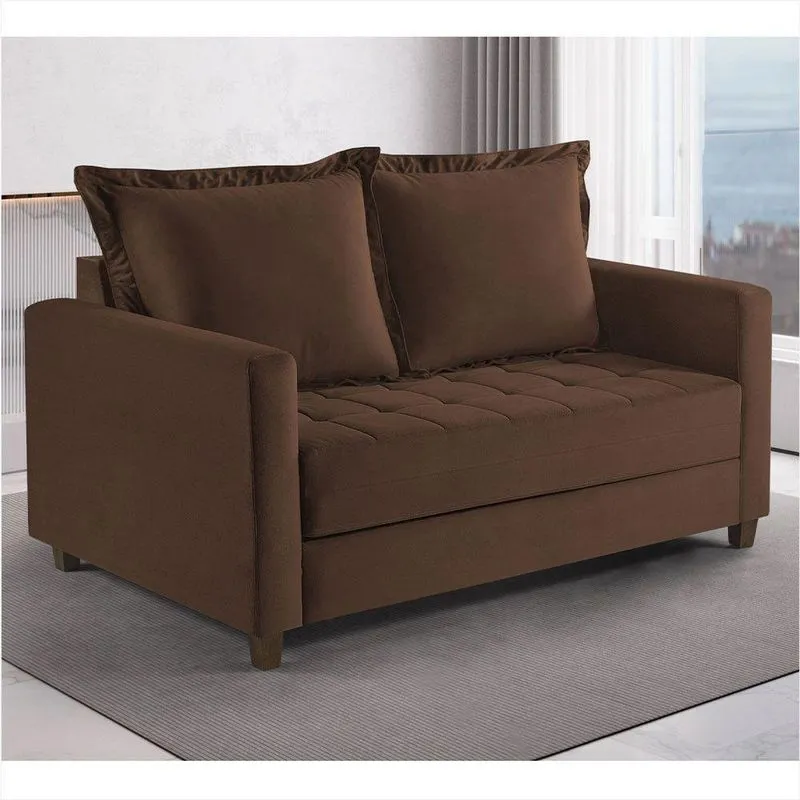 Sofa Cama Frisa Colchao Casal Pes De Madeira Talento Móveis Caramelo Com Castanho