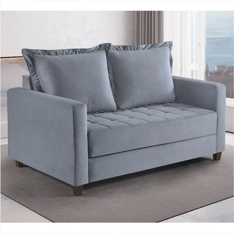 Sofa Cama Frisa Colchao Casal Pes De Madeira Talento Móveis Cinza Com Castanho