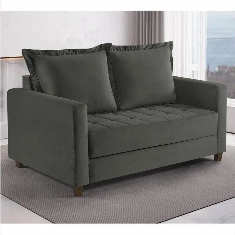 Sofa Cama Frisa Colchao Casal Pes De Madeira Talento Móveis Prata Com Castanho