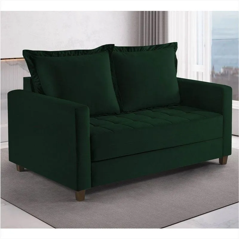 Sofa Cama Frisa Colchao Casal Pes De Madeira Talento Móveis Verde Com Castanho