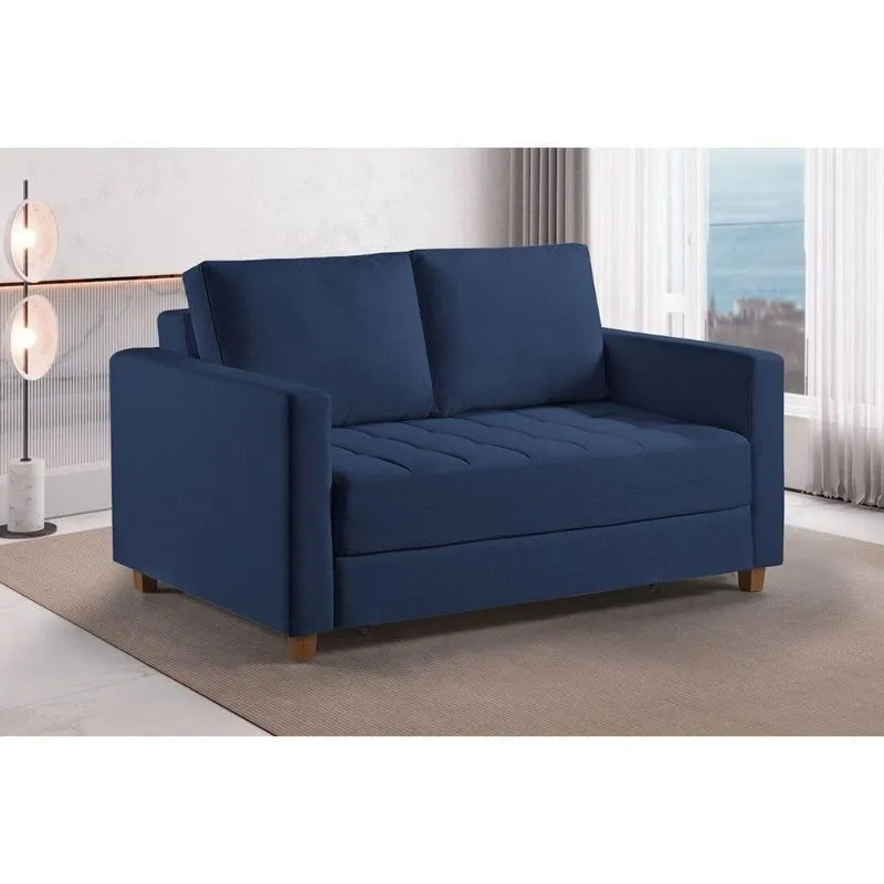 Sofá Cama Casal Marcelle 2 Lugares 150cm Linho Pé De Madeira Azul