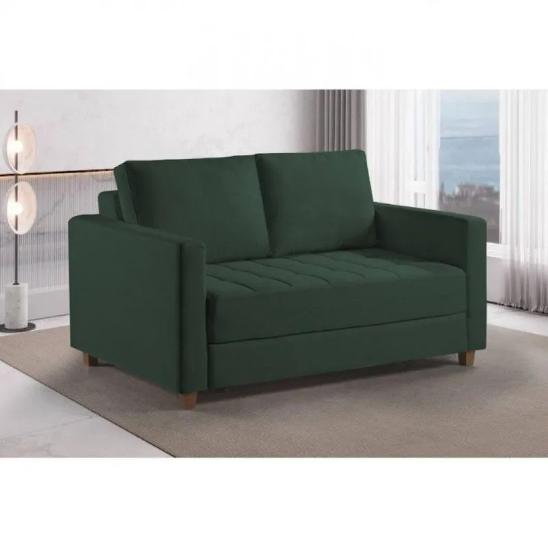 Sofá Cama Casal Marcelle 2 Lugares 150cm Linho Pé De Madeira Verde