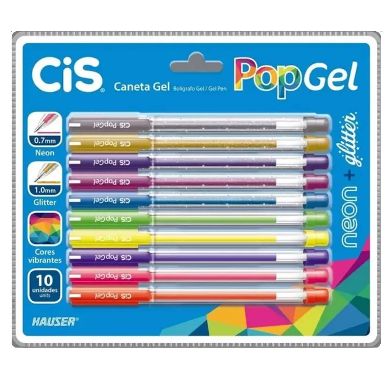 Caneta Gel PopGel Neon e Glitter 1.0mm com 10 Cores - Cis