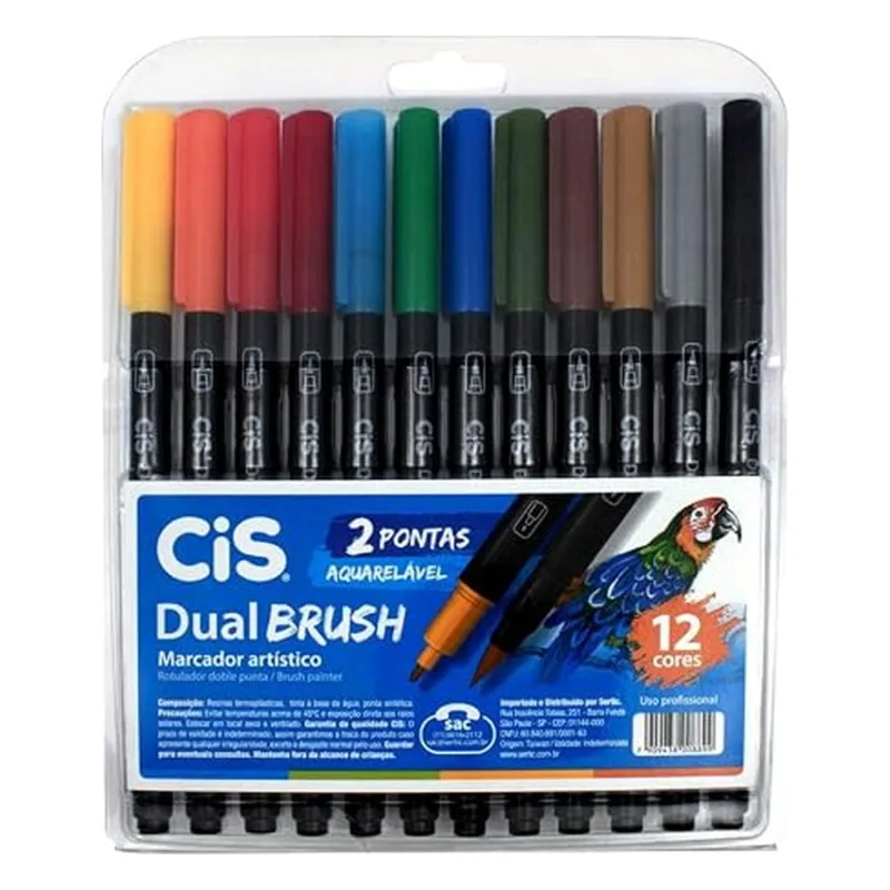 Caneta Dual Brush CIS 12 Cores Aquarelável Estojo