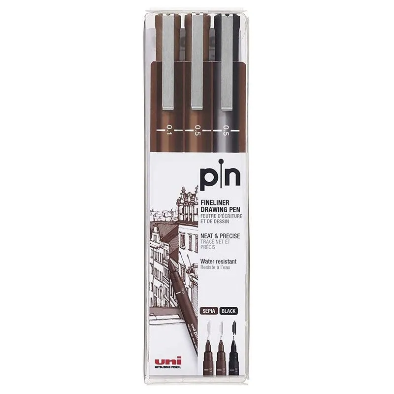 Caneta Nankin Uni-Ball Uni Pin Fine Line Sépia/Preta 3 Peças