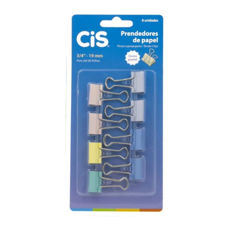 Prendedor de Papel cis 19mm Cores Pasteis 8 unidades