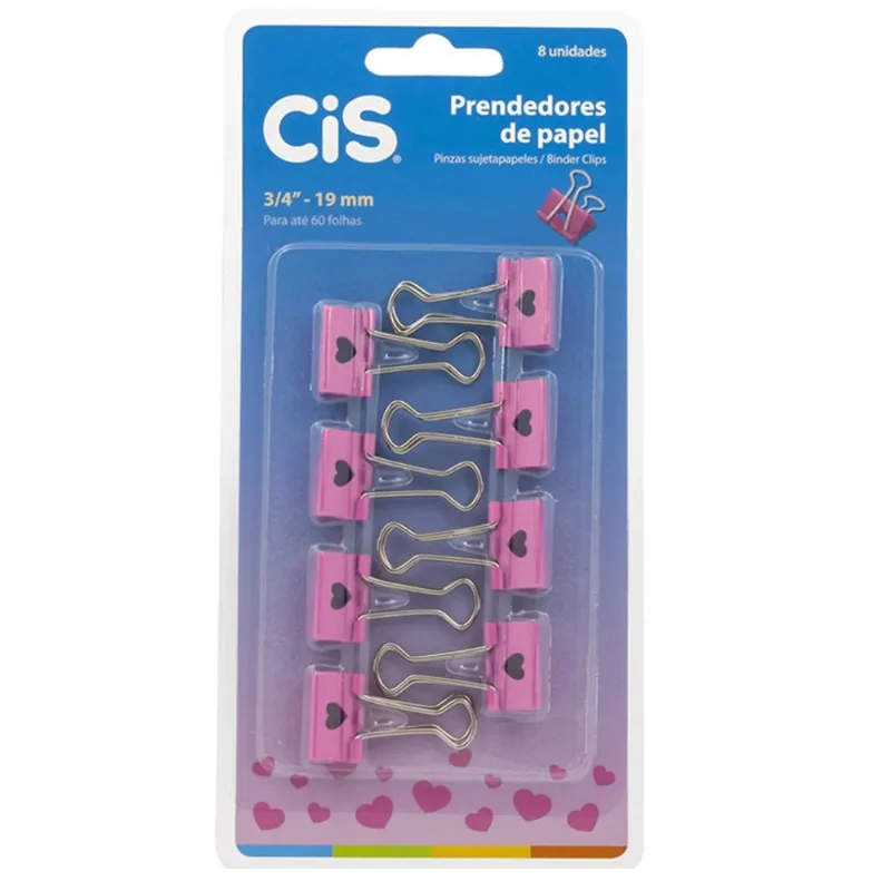 Prendedor para Papel Binder Clip cis 19mm 8 Unidades Coração Rosa