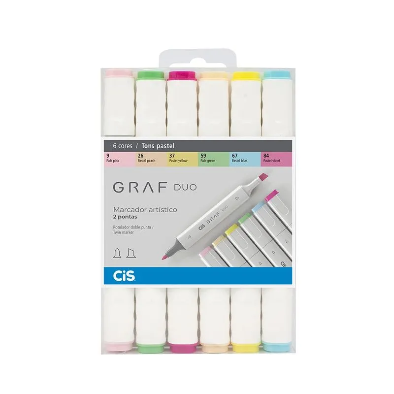 Marcador Artístico Cis Grafite Duo Pontas Redonda Fine e Chanfrada Larga com 6 Cores Tons Pastel
