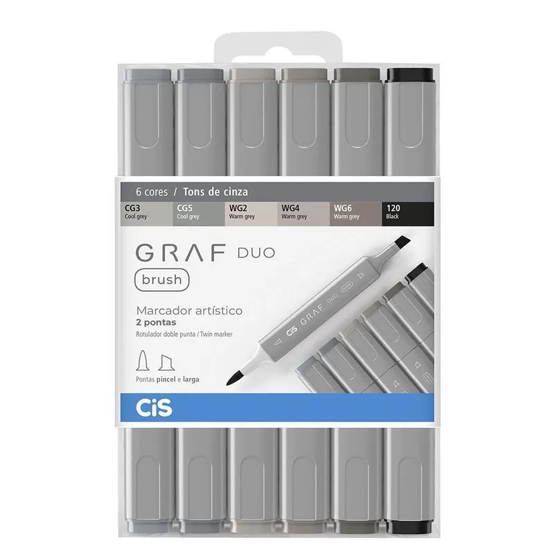 Marcador Artistico Cis Graf Duo Brush Estojo Com 6 Tons De Cinza