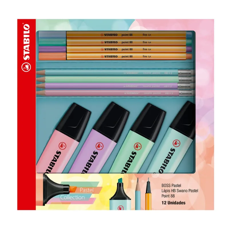 Kit Escolar Stabilo 12 Itens Boss Point Lápis Swano Pastel