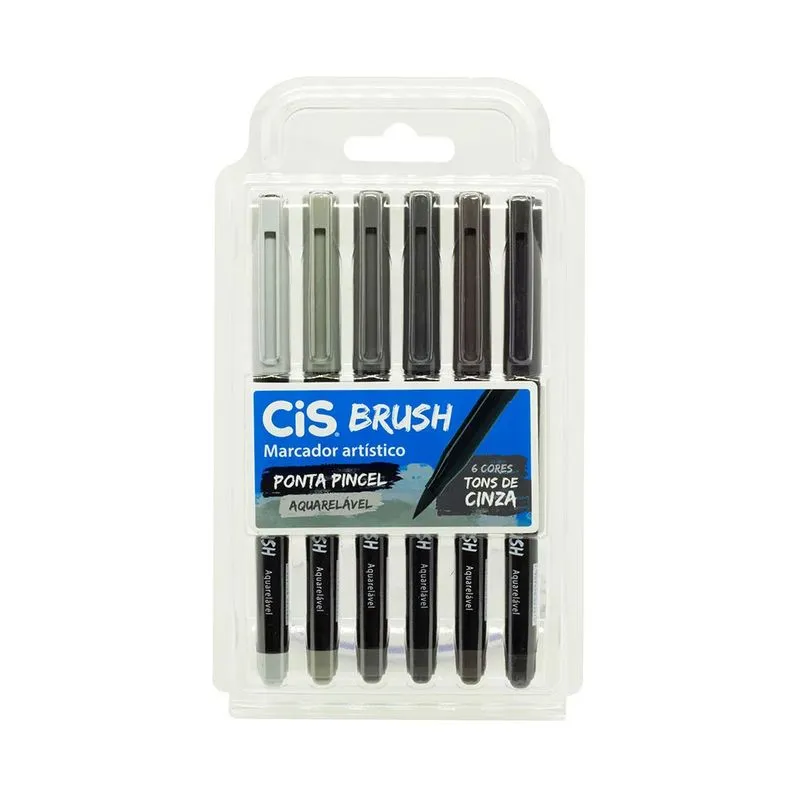 Marcador Artístico Cis Brush Ponta Pincel 6 Cores em Tons Cinza