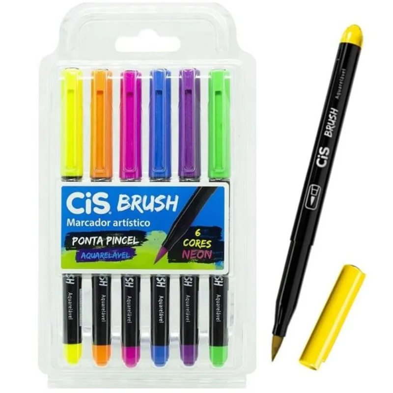 Marcador ArtIstico Brush Aquarelavel 6 Cores Neon - CIS