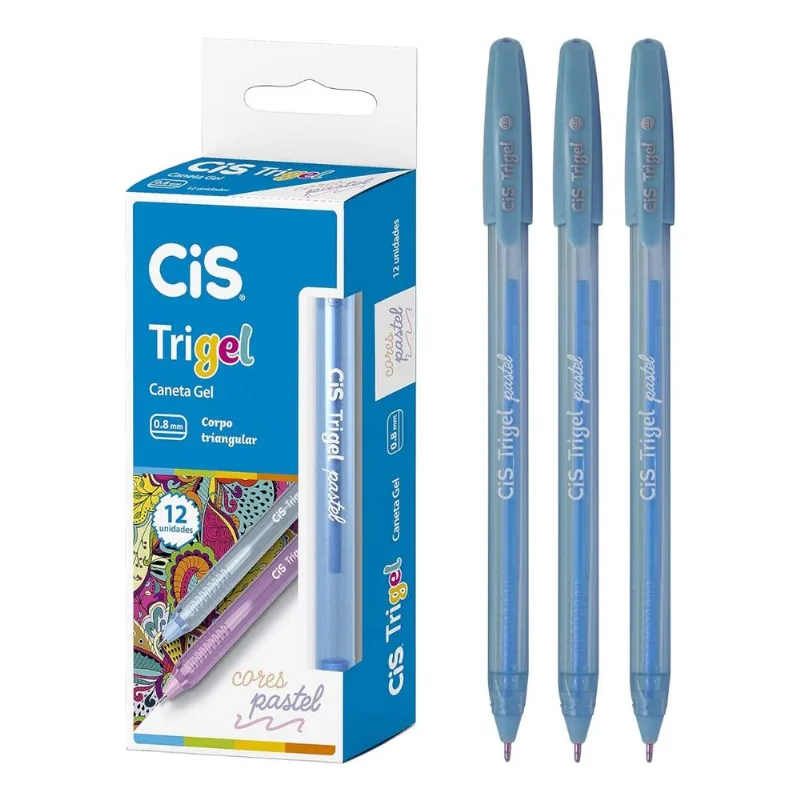 Kit 12 Canetas Gel Escolar Trigel Pastel Metálica Azul 0.8mm Conjunto Colorido Texto Aluno Aula