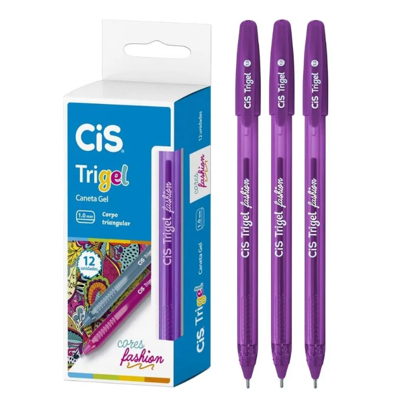 Kit Com 12 Canetas Gel Escolar Trigel Glitter Fashion Violeta Ponta 1.0 Colorido Conjunto Aula