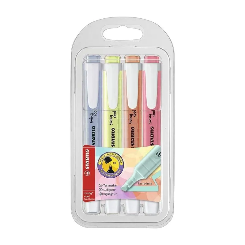 Conjunto 4 Marca Texto Stabilo Swing Cool Pastel Colorido Desenho Anotações Escolar Sortido