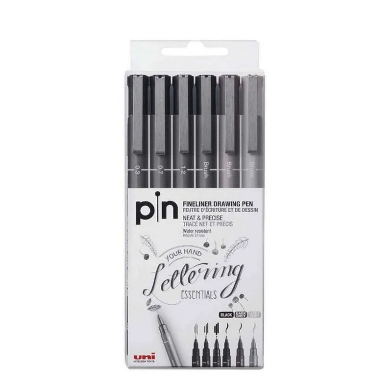 Caneta Técnica Uni-Ball Uni Pin Fineliner + Brush 6 Peças