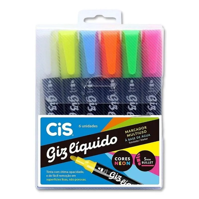 Giz Liquido Marcador Multiuso Bullet com 6 Cores Neon Cis
