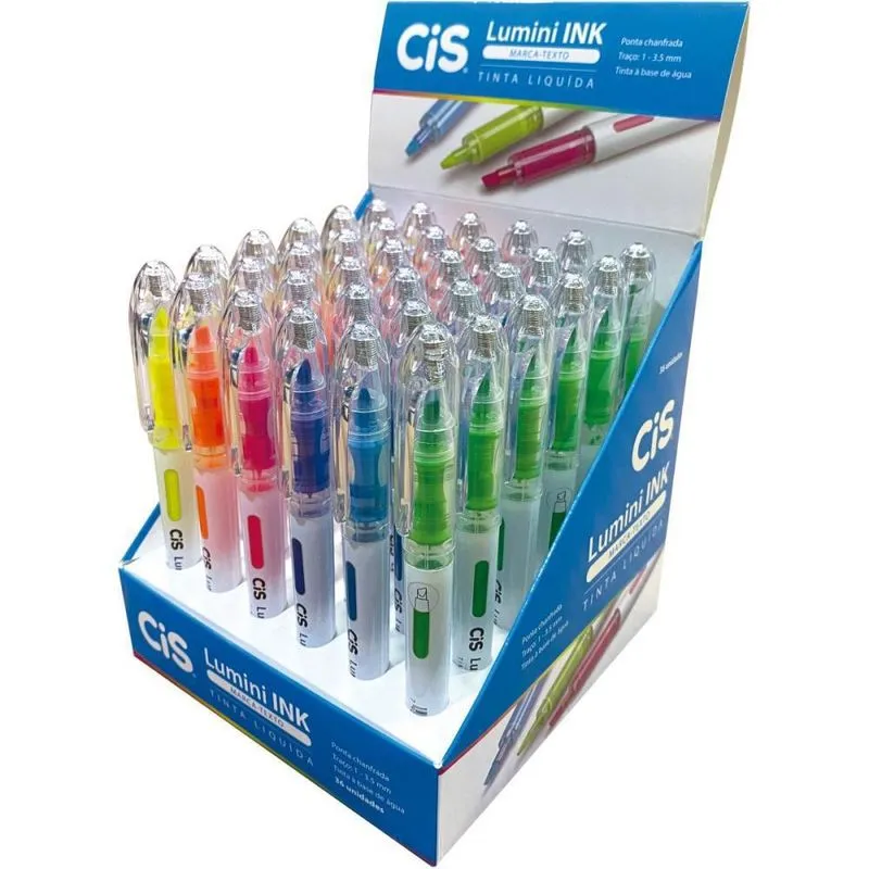 Caneta Marca Texto Cis Lumini Ink Cores Display Com 36