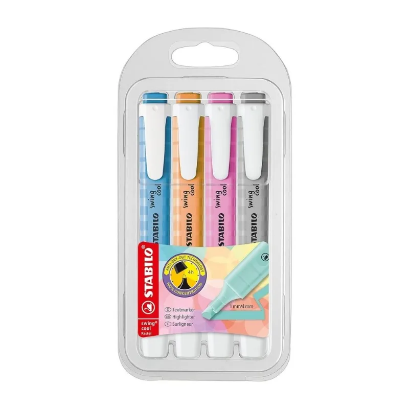 Conjunto 4 Marca Texto Stabilo Swing Cool Pastel Marcadores Ponta Chanfrada 1 A 4mm Secagem Rápida