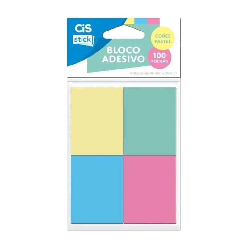 Bloco de Notas Adesivas Cis Stick 4 Blocos 40x50mm Cores Pastel Adesivo Autocolante Reposicionável