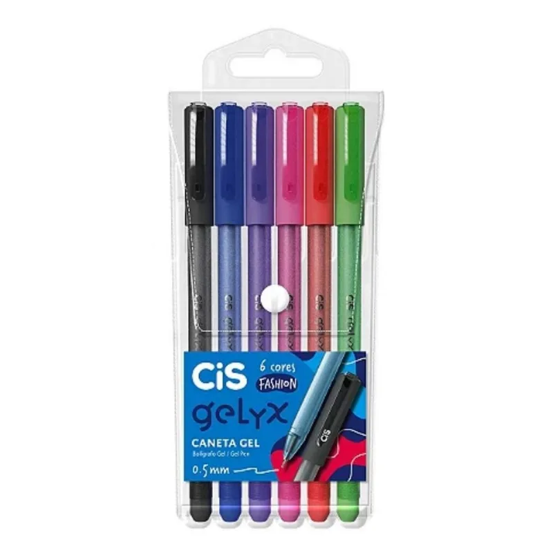 Conjunto 6 Canetas Gel Gelyx Cis Fashion Cores Ponta 0.5mm Fina Durável Vibrante Escolar Estudos