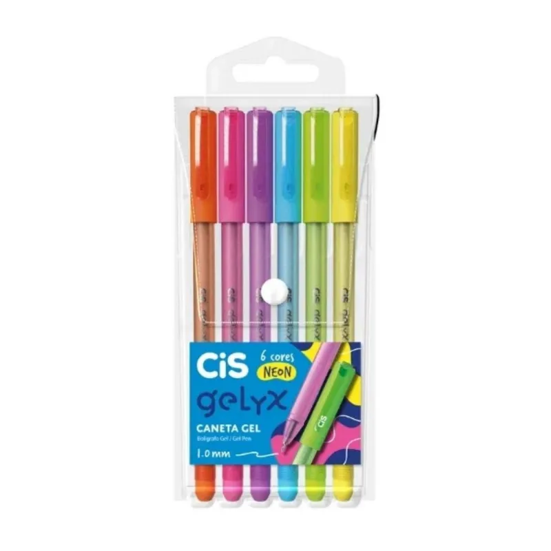 Conjunto 6 Canetas Gel Gelyx Cis Neon Cores Ponta 1.0mm Fina Escolar Anotações Estudos Aula