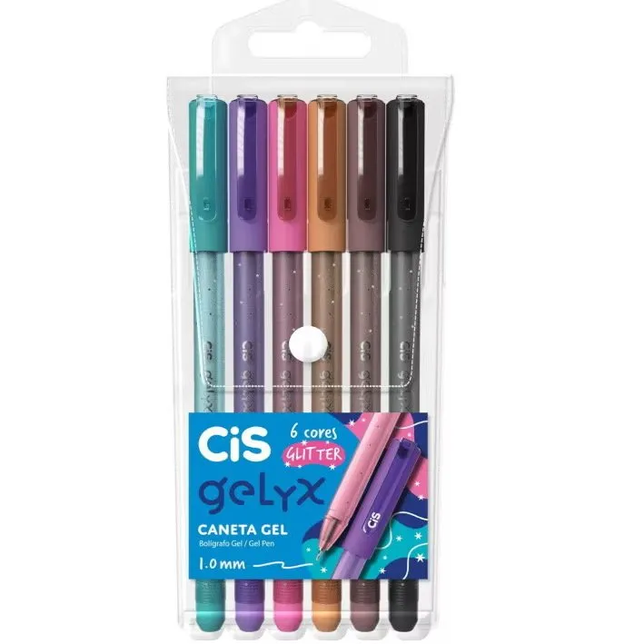 Kit Estojo Caneta Esferográfica Gelyx Glitter 6 cores Cis