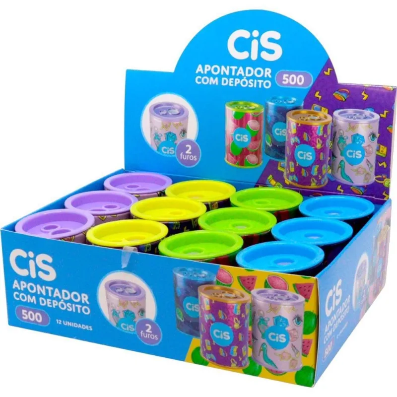 Apontador Com Deposito 2 Furos Cis 500 Lata 4 Cores Dp.c/12