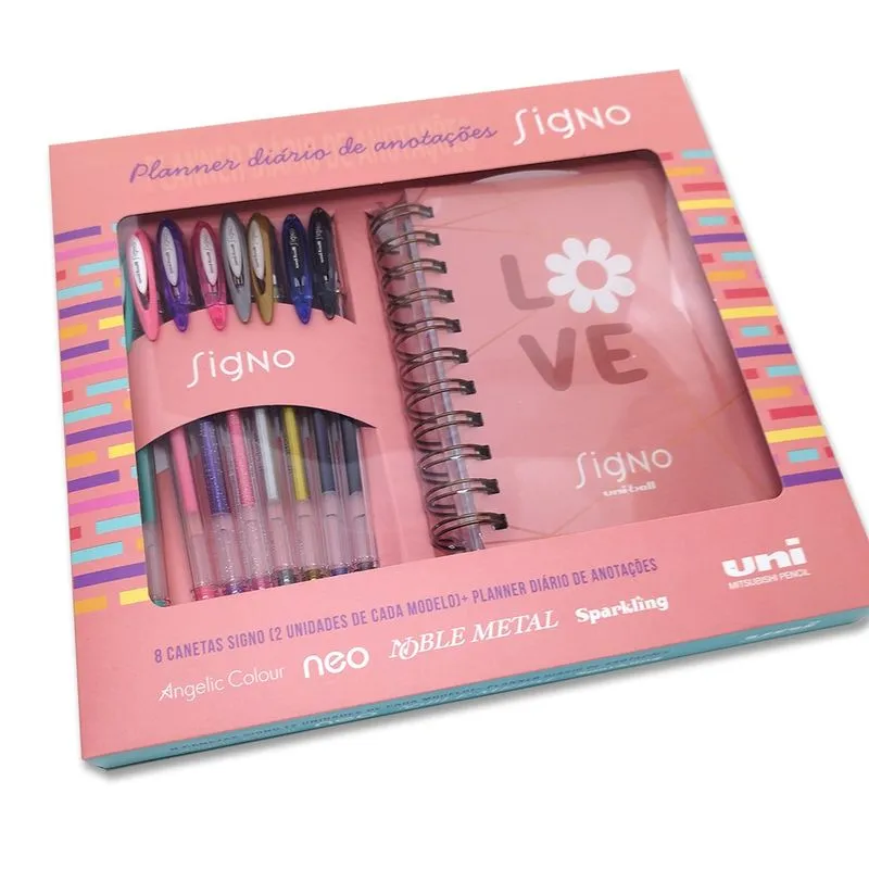 Caneta Gel Signo 8 Cores + Planner Diário Anotações Uni-ball
