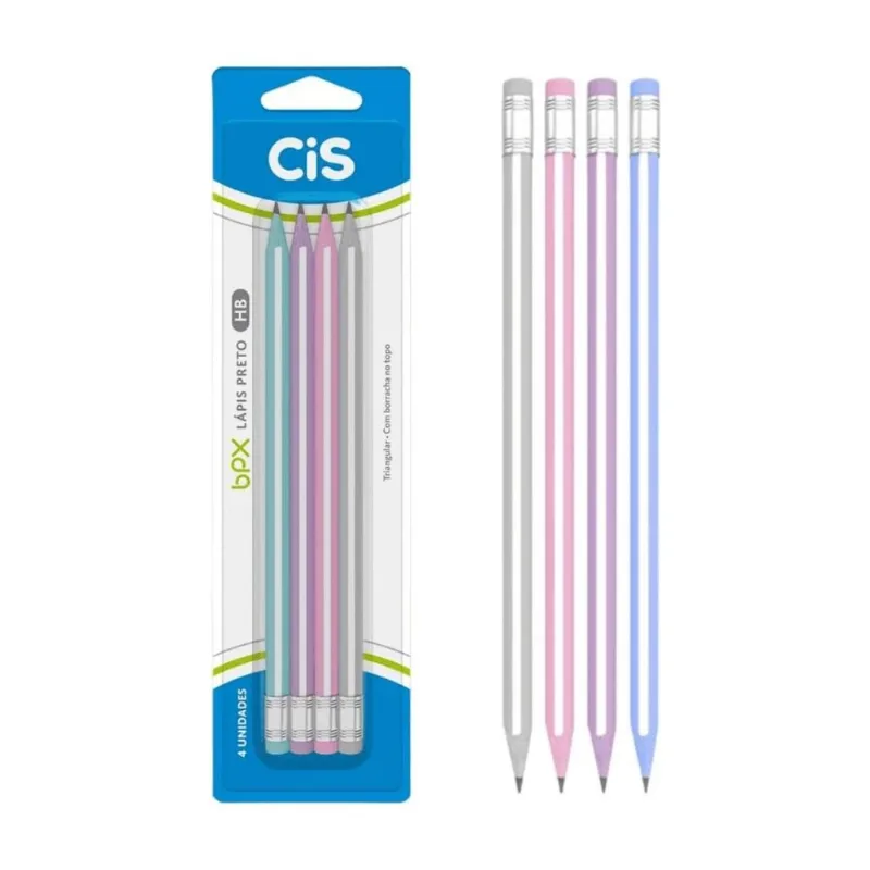 Conjunto Lápis Grafite Preto Hb Triangular Cis Bpx 4 Unidades Colorido Com Borracha Acoplada