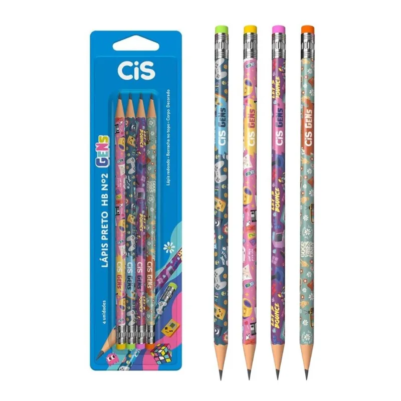 Conjunto 4 Lápis Preto Hb Cis Gens Com Borracha Grafite Aula Escolar Colorido Escrever Kit Aluno