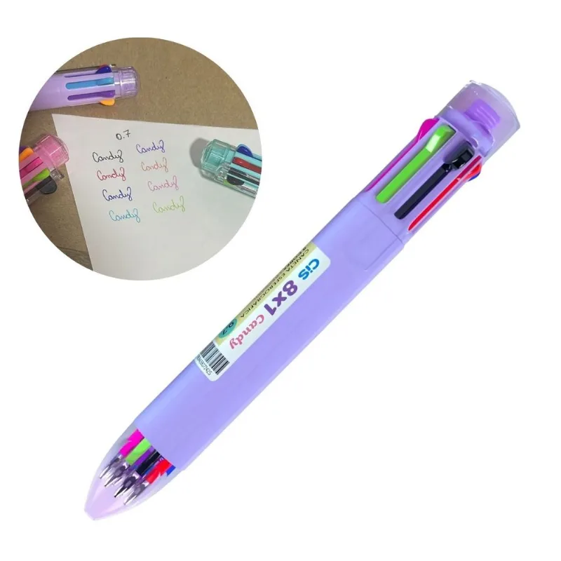 Caneta Esferográfica Ponta Retrátil Cis 8 Em 1 Candy Cores Escolar Fofa Colorido Texto Escrita